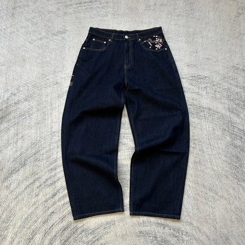 Hip Hop Cherry Blossom Embroidered Jeans Vintage Low Waist Wide Leg Trousers Y2K Clothes Mens Womes Embroidered Baggy Jeans