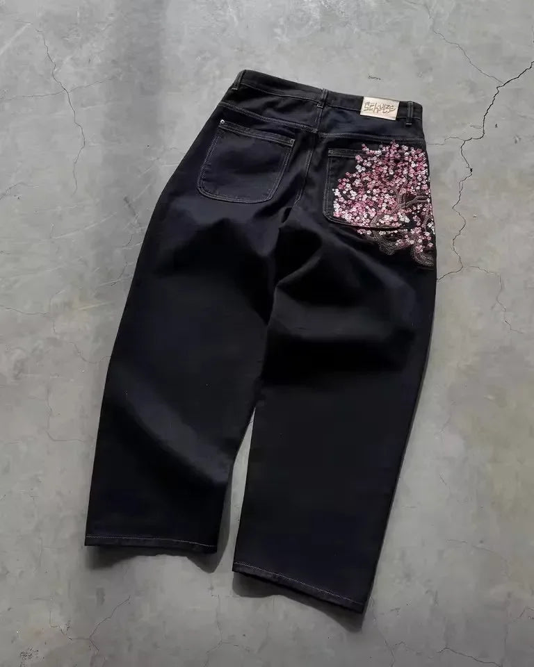 Hip Hop Cherry Blossom Embroidered Jeans Vintage Low Waist Wide Leg Trousers Y2K Clothes Mens Womes Embroidered Baggy Jeans