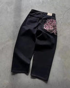Hip Hop Cherry Blossom Embroidered Jeans Vintage Low Waist Wide Leg Trousers Y2K Clothes Mens Womes Embroidered Baggy Jeans