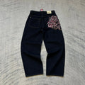Hip Hop Cherry Blossom Embroidered Jeans Vintage Low Waist Wide Leg Trousers Y2K Clothes Mens Womes Embroidered Baggy Jeans