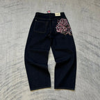 Hip Hop Cherry Blossom Embroidered Jeans Vintage Low Waist Wide Leg Trousers Y2K Clothes Mens Womes Embroidered Baggy Jeans